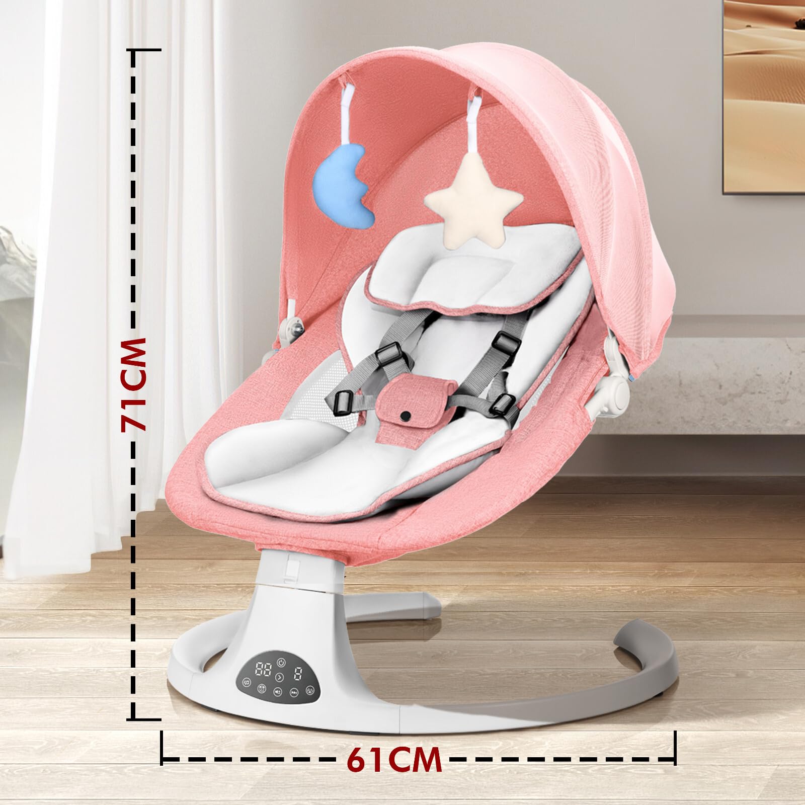 Pink fk sports baby bouncer with Bluetooth, soft pillow, 2 plush toys, 5-point harness, remote control, and adjustable swing speeds.