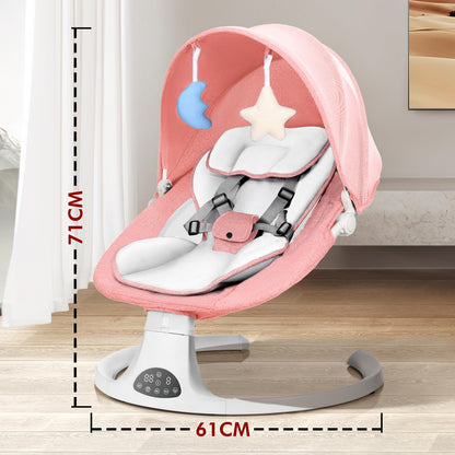 Pink fk sports baby bouncer with Bluetooth, soft pillow, 2 plush toys, 5-point harness, remote control, and adjustable swing speeds.