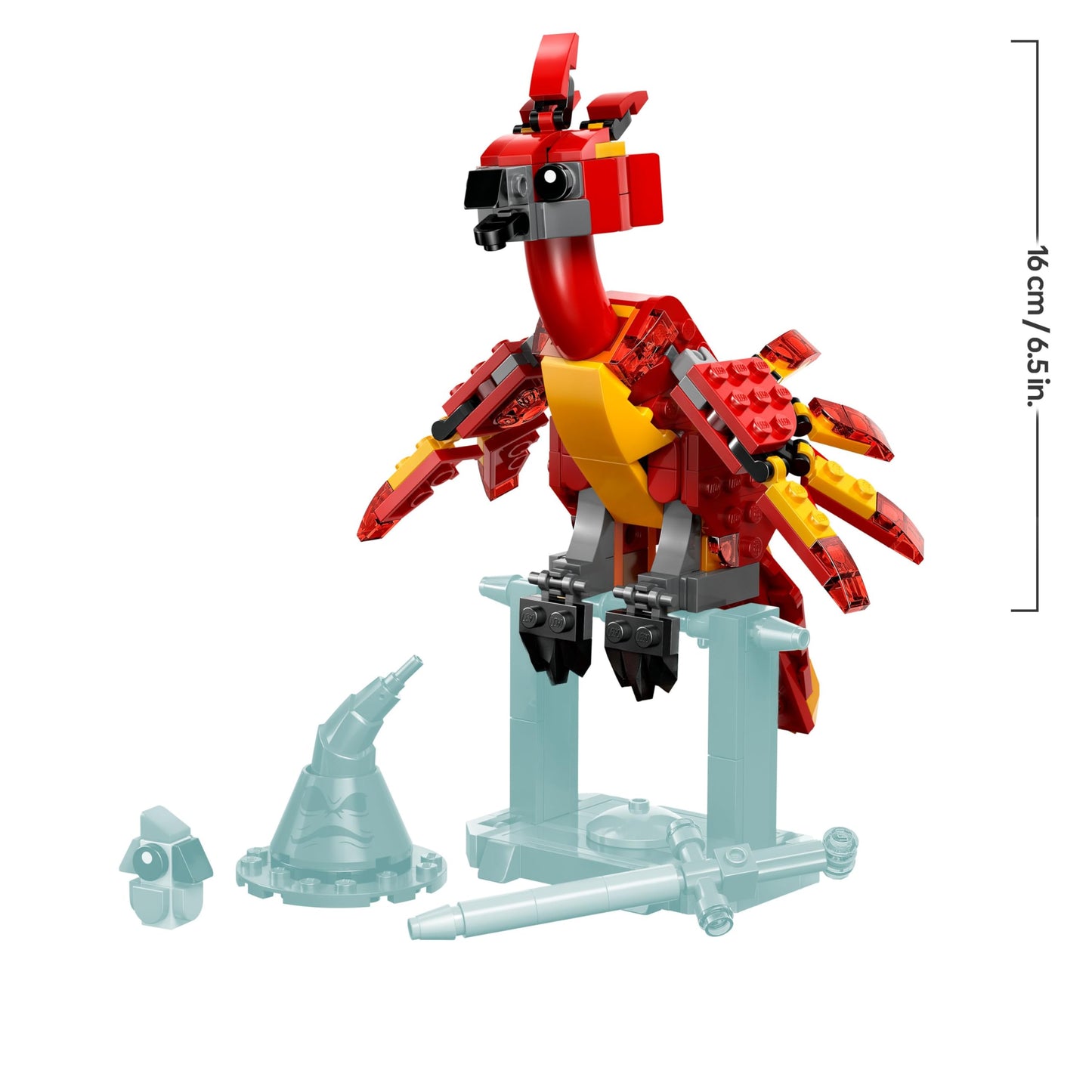 LEGO Harry Potter Fawkes toy figure with Sorting Hat and Sword of Gryffindor, set 76448, displayed on a neutral background.
