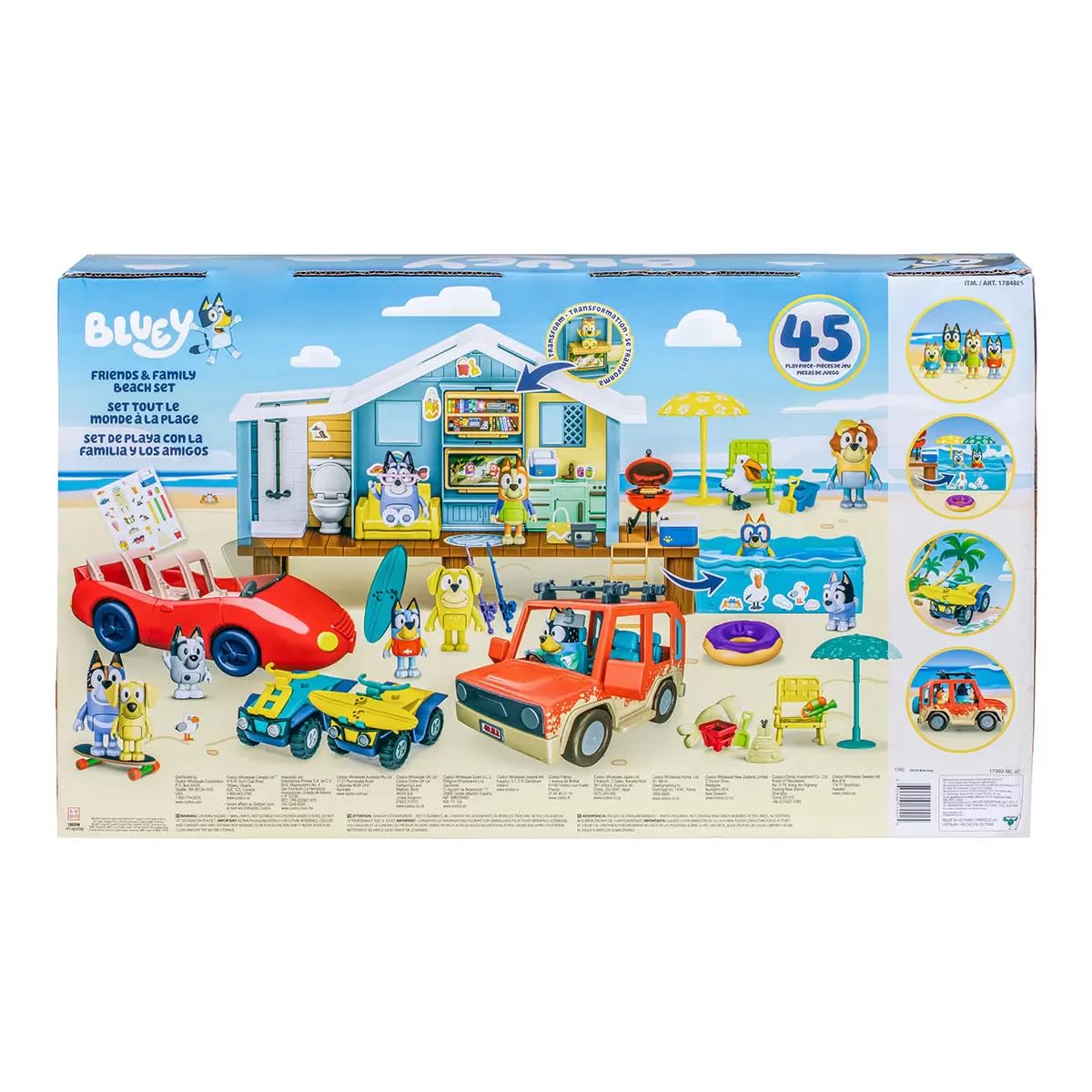 Bluey Friends & Family Beach Bash Mega Set house playset with 45 pieces, includes sticker sheet, featuring Bluey character figures and accessories.