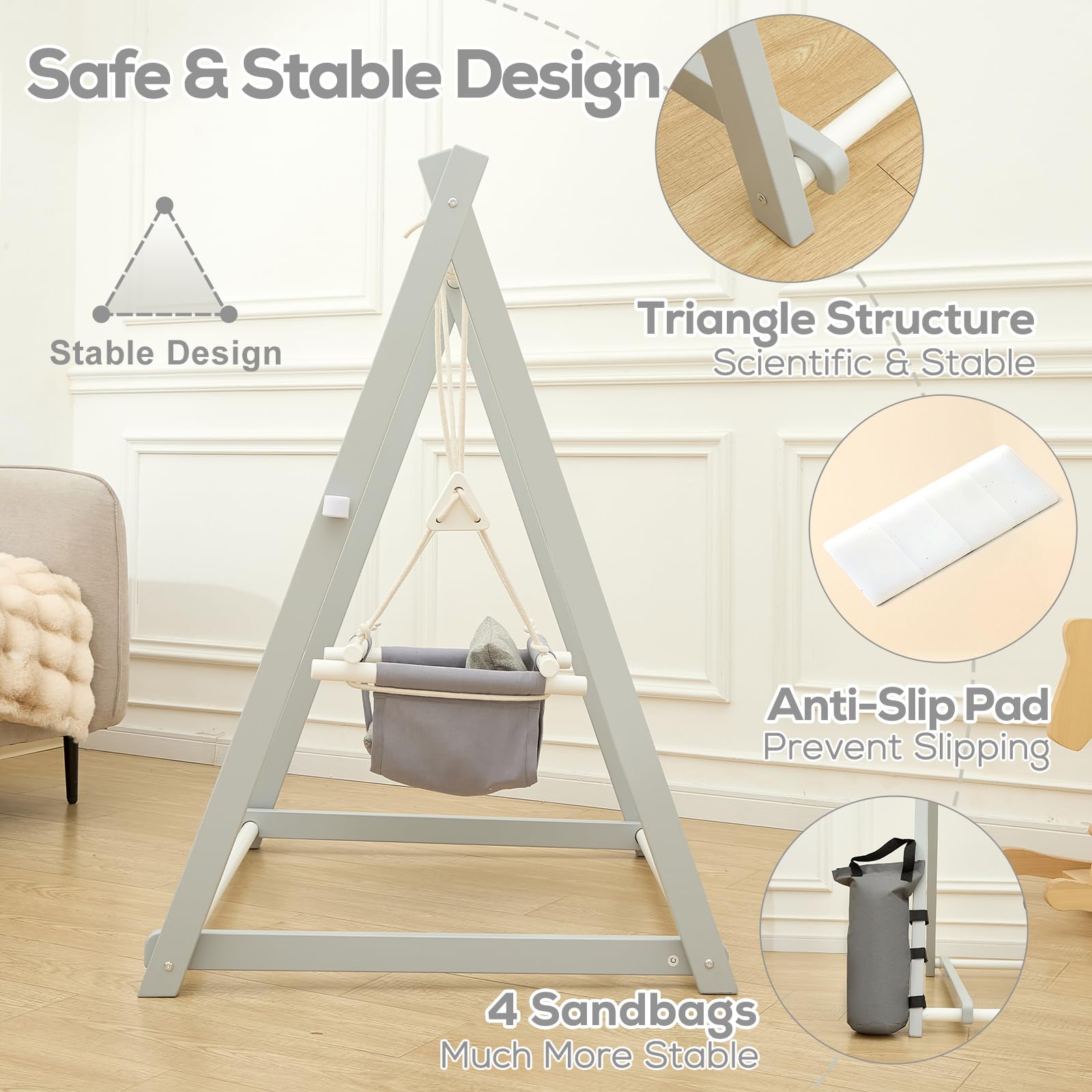 FUNLIO wooden toddler swing set in grey with foldable design, durable pine construction, sandbags, and extension straps for indoor and outdoor use.