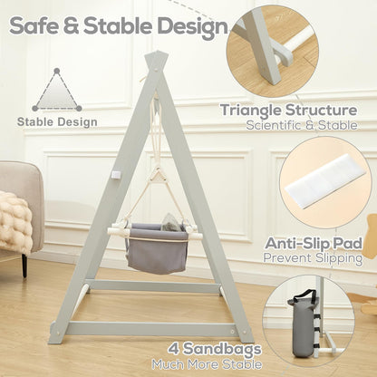FUNLIO wooden toddler swing set in grey with foldable design, durable pine construction, sandbags, and extension straps for indoor and outdoor use.