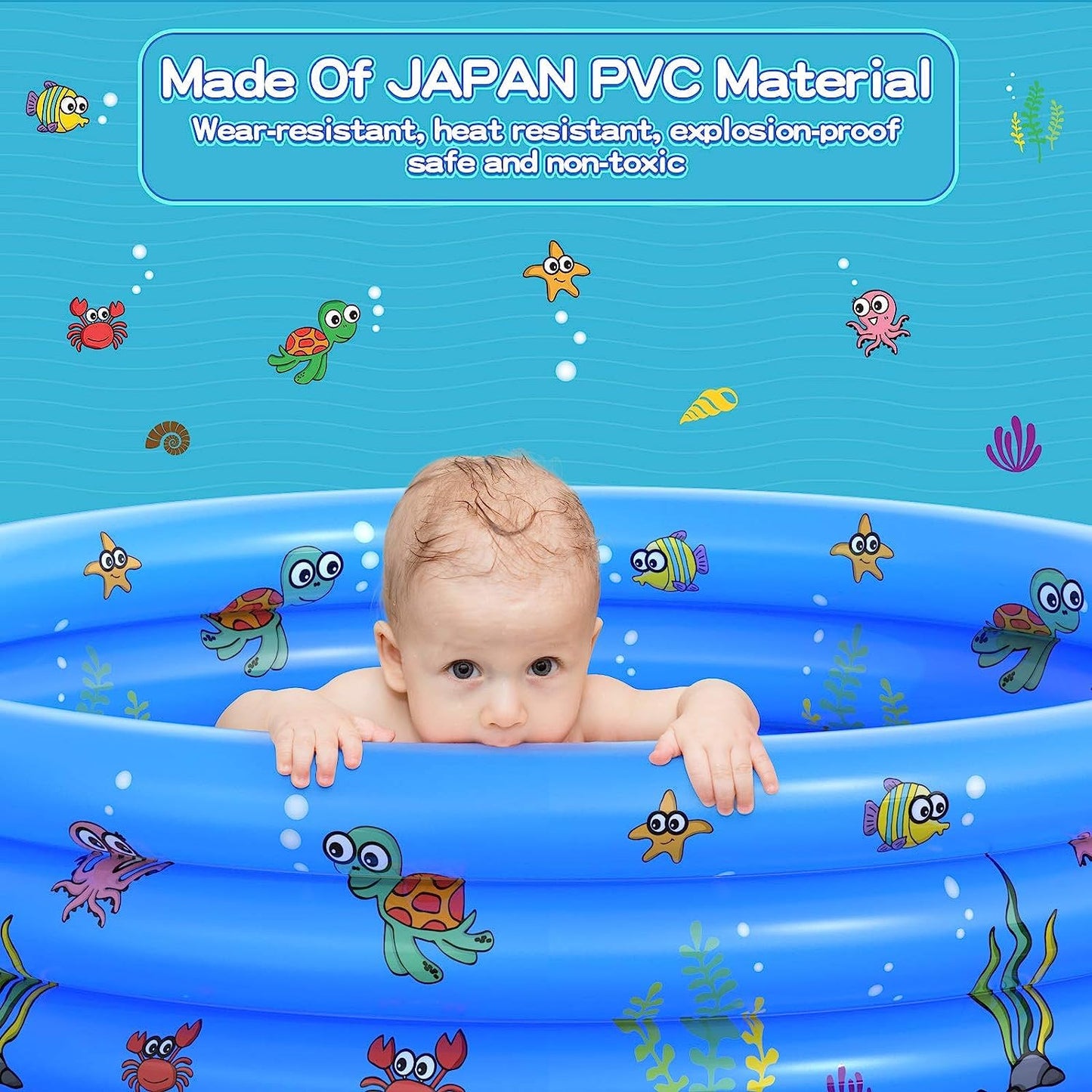 LATERN Paddling Pools for Kids, 100CM x 40CM Inflatable Baby Swimming Pool 3 Ring PVC Non-slip Bath Tub Pools for Toddlers Children Family Outdoor Garden Backyard Water Game (Blue)