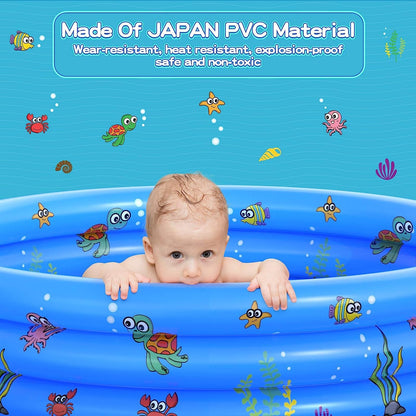 LATERN Paddling Pools for Kids, 100CM x 40CM Inflatable Baby Swimming Pool 3 Ring PVC Non-slip Bath Tub Pools for Toddlers Children Family Outdoor Garden Backyard Water Game (Blue)