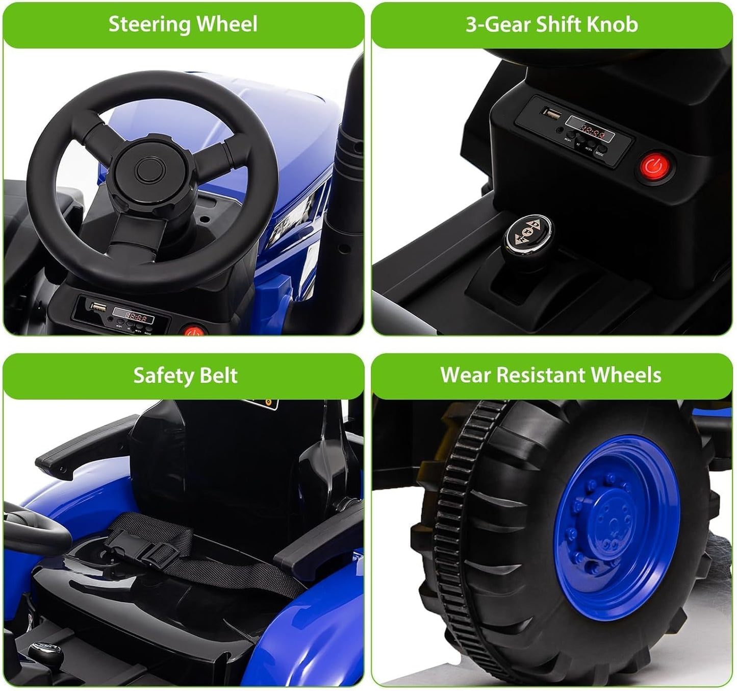 Kids Ride on Tractor with Detachable Trailer, 12V Battery Powered Electric Tractor with Remote Control, Dual Motors, Horn, Music/USB, 7 LED Lights, Ride on Toy Car for Ages 3+ (Blue)
