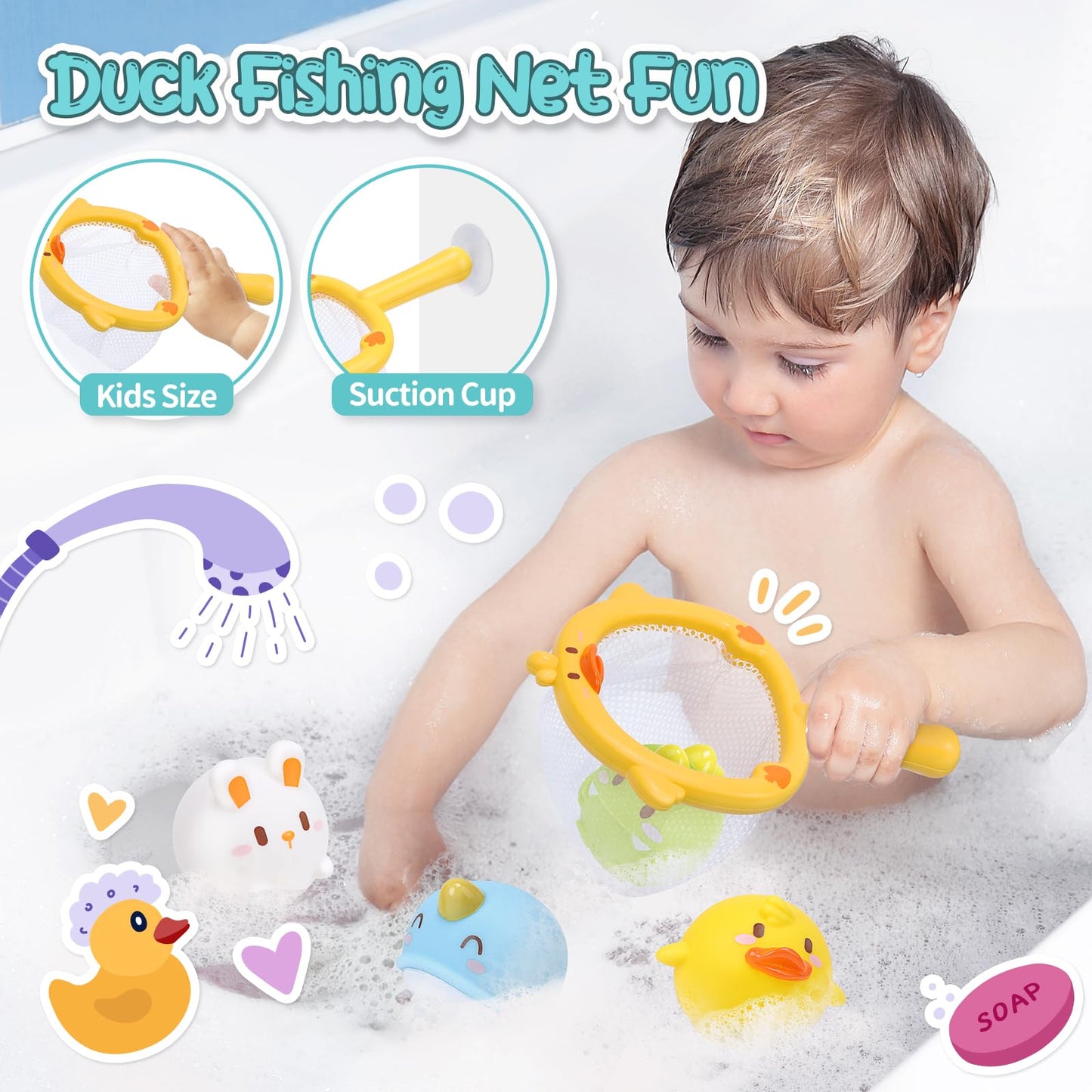 Cute Stone baby bath toys set with squirty ducks, slide, fishing net, and educational bath toys for boys and girls.