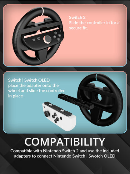 Orzly twin pack racing steering wheels for Nintendo Switch, black wheel accessories for Joy-Con controllers and kart racing games