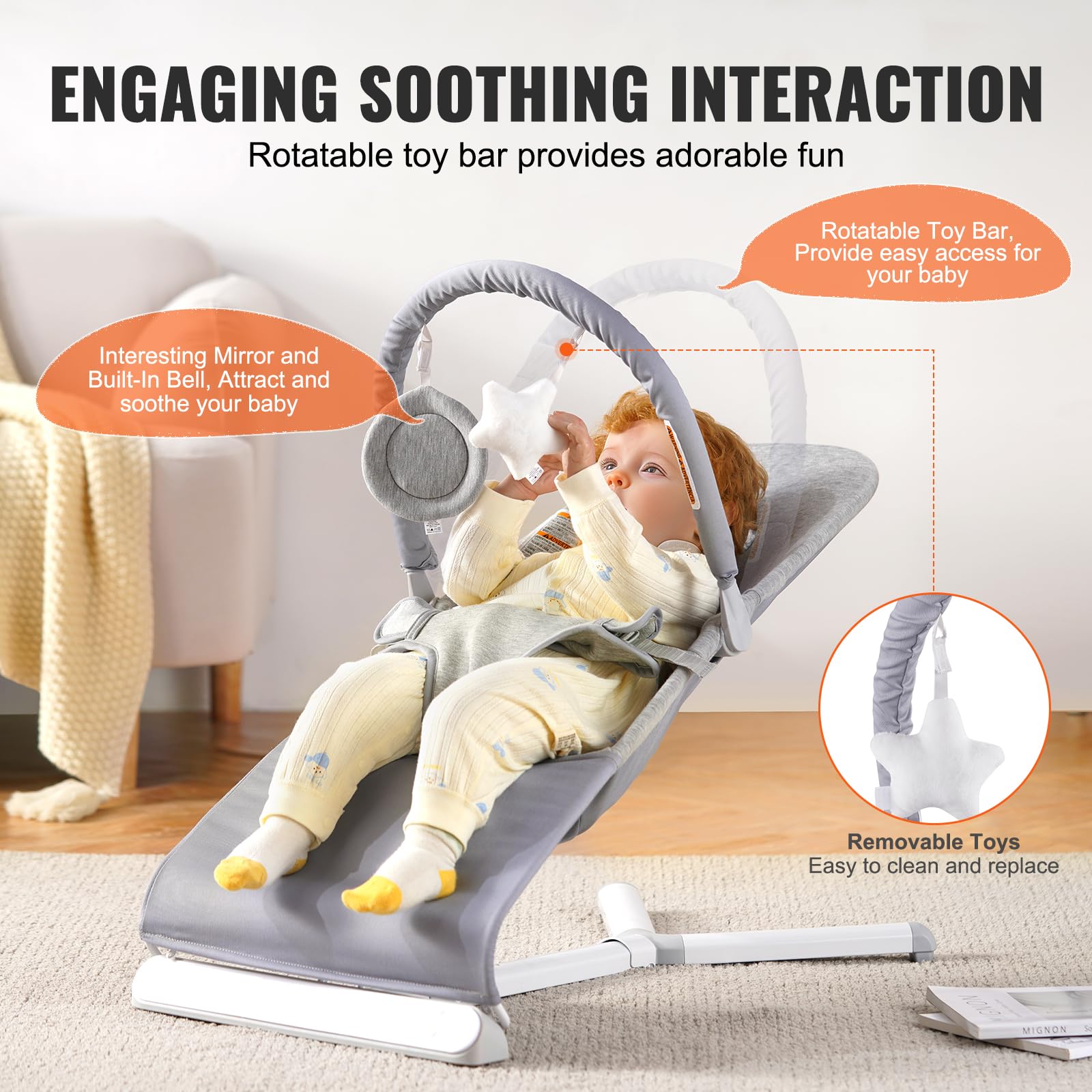 VEVOR baby bouncer seat for infants 0-9 months with reclining angles, rotatable toy bar, portable design, indoor and outdoor use.