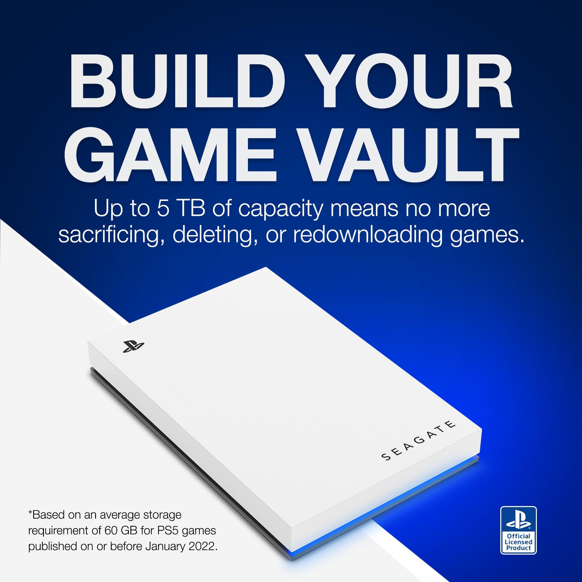 Seagate 5TB Game Drive for PS4/PS5 external HDD with blue LED, USB 3.0, officially licensed, showing the drive with LED indicator