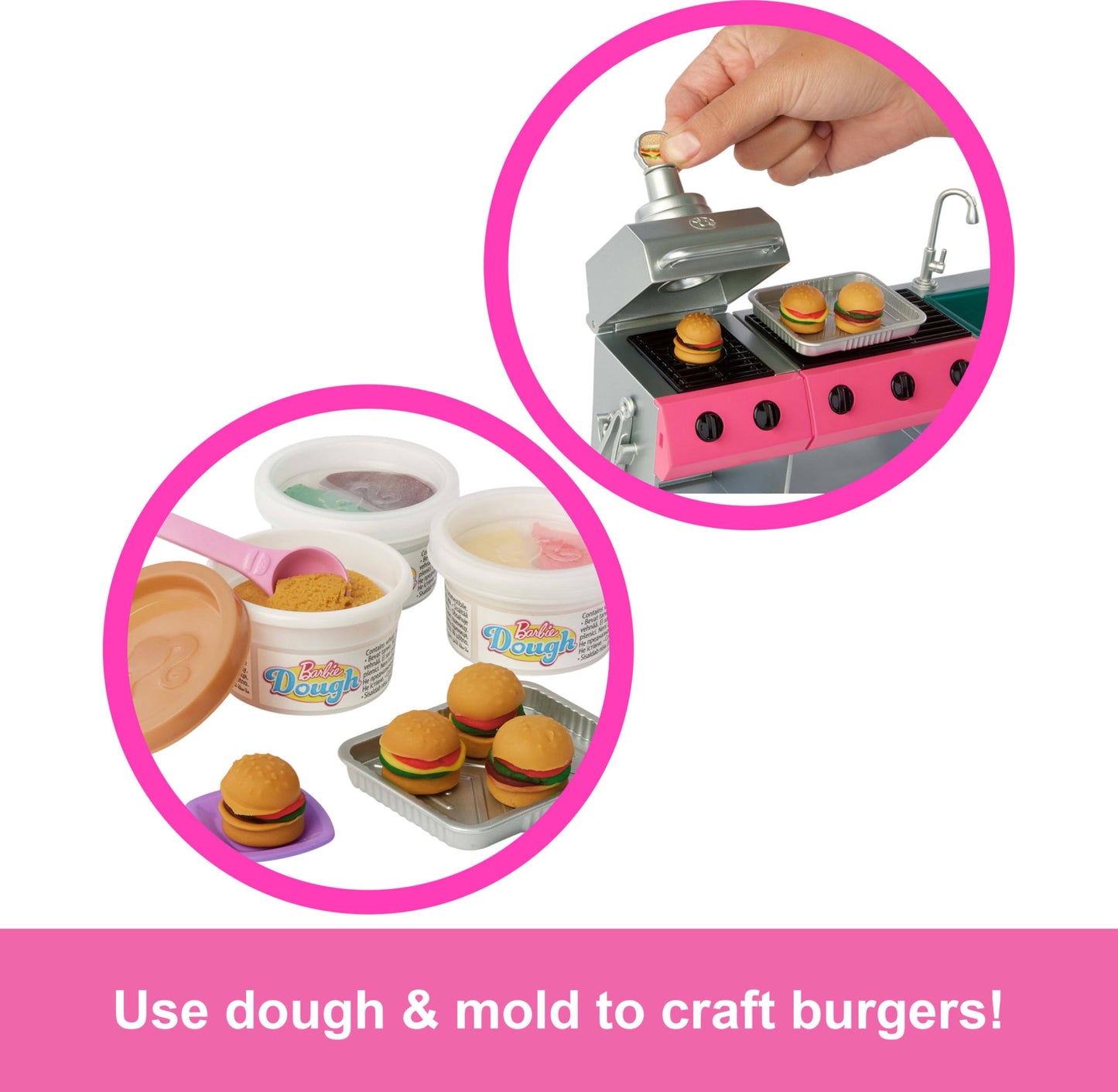 Barbie Dream Camper playset with roof tent, swing chair, fishing pond, BBQ grill, and over 60 accessories including dough.