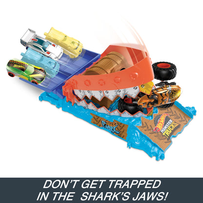 Hot Wheels Monster Trucks Arena Smashers playset featuring Tiger Shark toy truck and crushed car for exciting monster truck action.