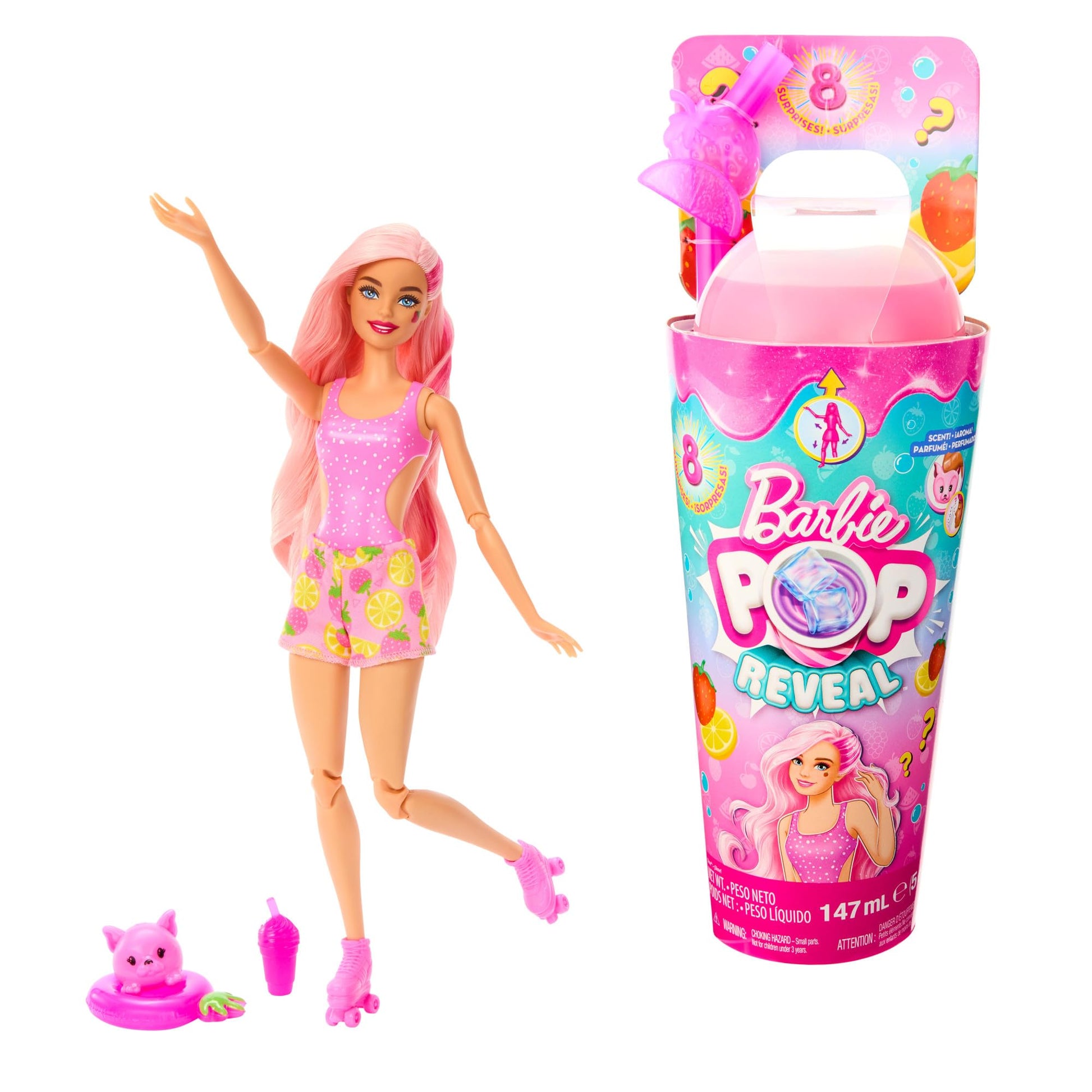 Barbie Pop Reveal Fruit Doll with strawberry lemonade scent, featuring colorful packaging and vibrant doll design.