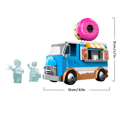 LEGO City donut truck toy with two minifigures, colorful mobile food stand and accessories for creative building fun.