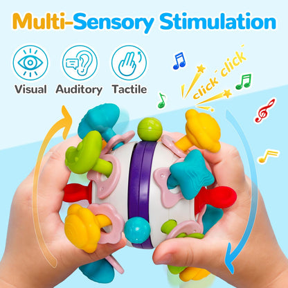 Baby Teething Rattle Toy - BPA-Free Sensory Teether Activity Ball for 0-3-6-9-12 Months, Montessori Early Educational Gift for Infants | Christmas & Birthday Present for Boys Girls