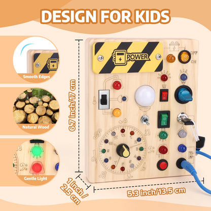 Konijiwa Busy Board Montessori Activity Board With 10 Switches and 23 LED Lights - Wooden Sensory Toy for Fine Motor Skills - for Babies and Toddlers 1-4 Years Old Boys and Girls