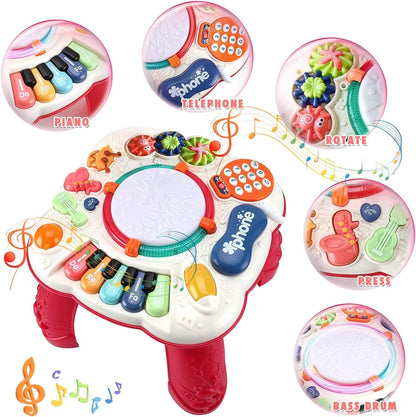 Cemirk baby activity table in red, featuring musical toys for infants and toddlers aged 6-36 months, size 30cm.