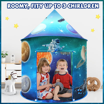 Kids astronaut galaxy play tent by MEERO LONDON, large foldable space-themed pop-up playhouse for toddlers and children.