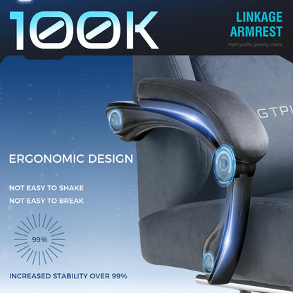 GTPLAYER fabric gaming chair with ergonomic design, adjustable headrest, lumbar support, footrest, and 360° swivel for home office use.
