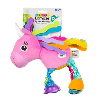 LAMAZE Tomy plush squeaky unicorn toy for infants, featuring soft fabric and playful design for sensory play and comfort.