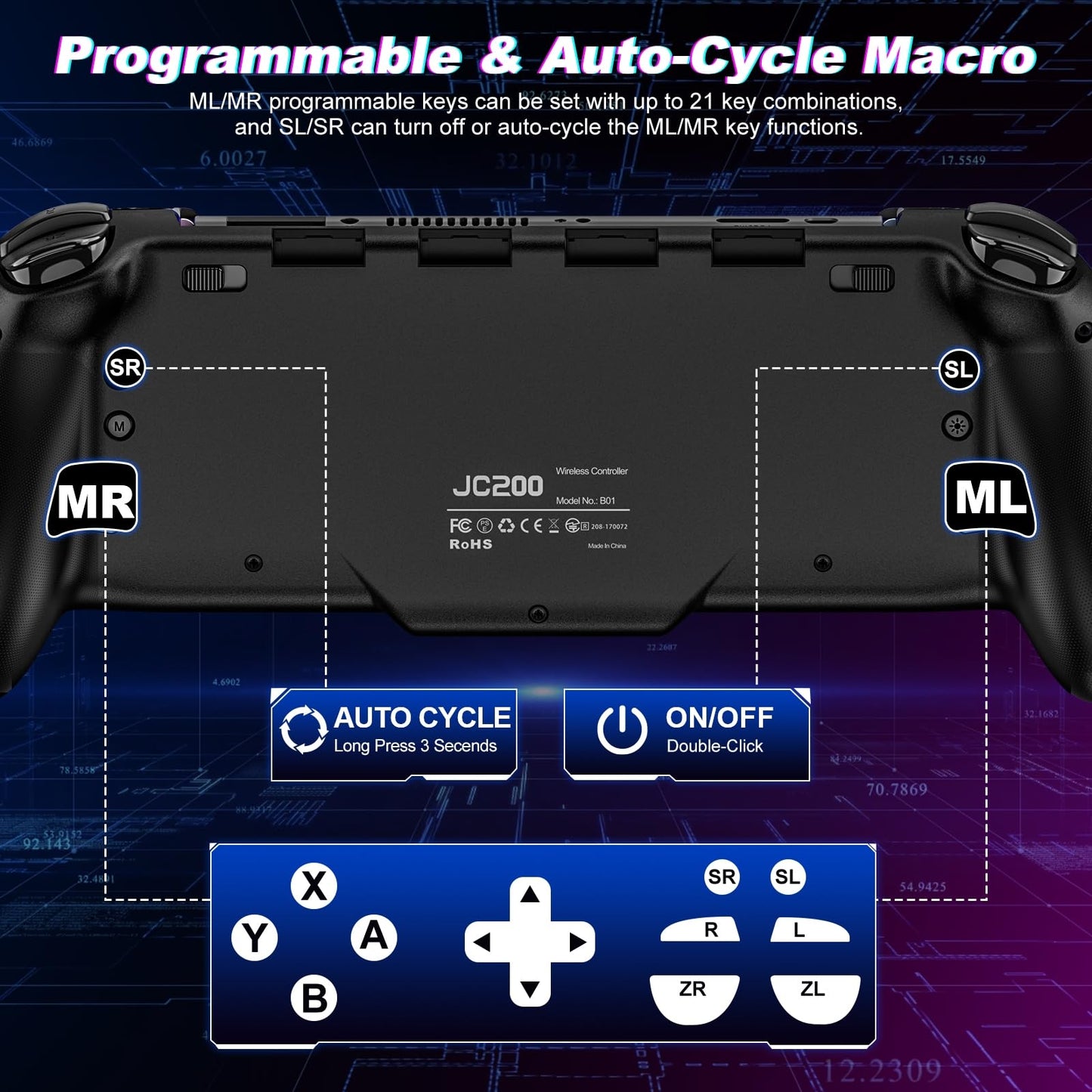 Fanxieast wireless Switch Pro controller with ergonomic design, programmable buttons, RGB lighting, turbo, vibration, and precise motion control.