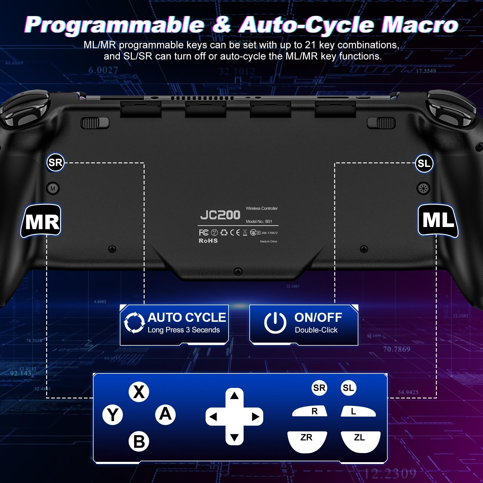 Fanxieast wireless Switch Pro controller with ergonomic design, programmable buttons, RGB lighting, turbo, vibration, and precise motion control.