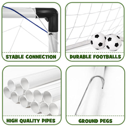 Dreamon set of 2 kids football goal post nets with soccer balls and pump, ideal for indoor and outdoor soccer training and play.