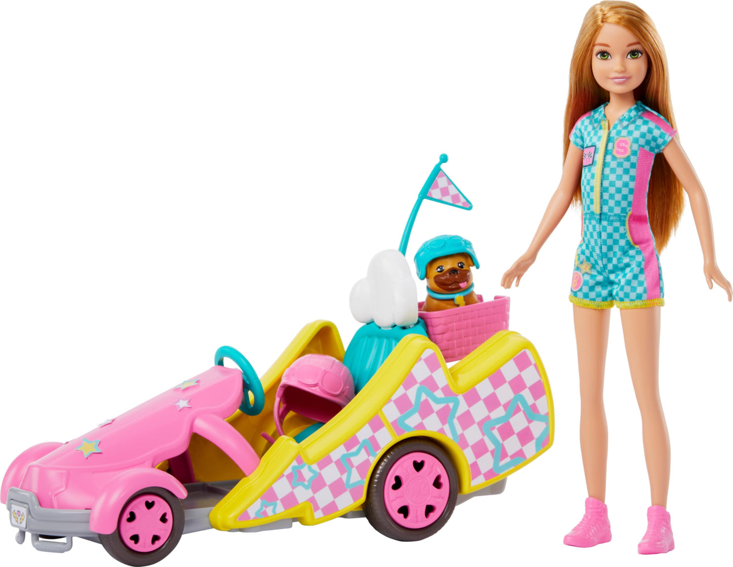 Barbie Stacie doll with go-kart, dog, accessories, and sticker sheet in a 9-piece toy set, HRM08, featuring rolling wheels and colorful details.