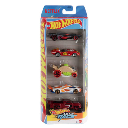 Set of 5 Hot Wheels die-cast toy cars in 1:64 scale featuring characters from the animated series Let’s Race.