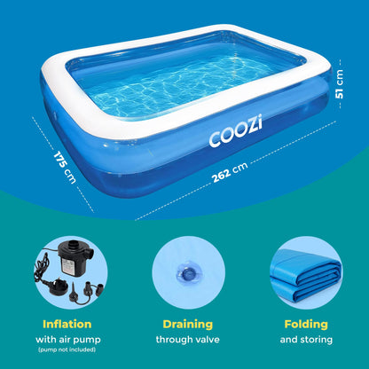 COOZi 2.6M inflatable paddling pool for kids and adults, large rectangular outdoor pool with repair patch for summer fun.