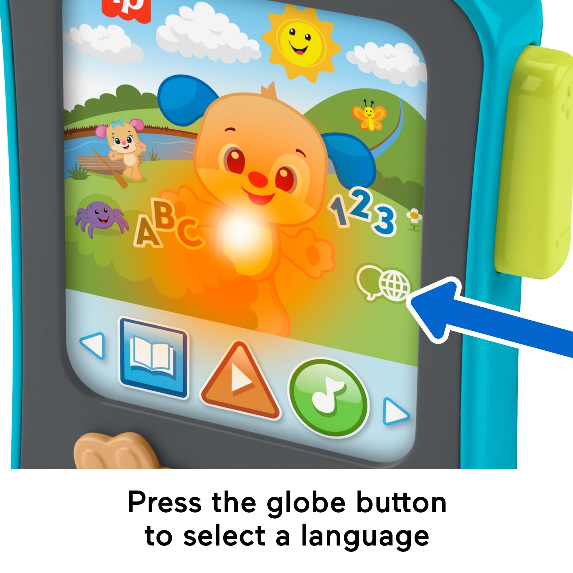 Fisher-Price Laugh & Learn Puppy’s Storytime Reader toy with colorful lights, buttons, and pretend tablet features for babies 6+ months.
