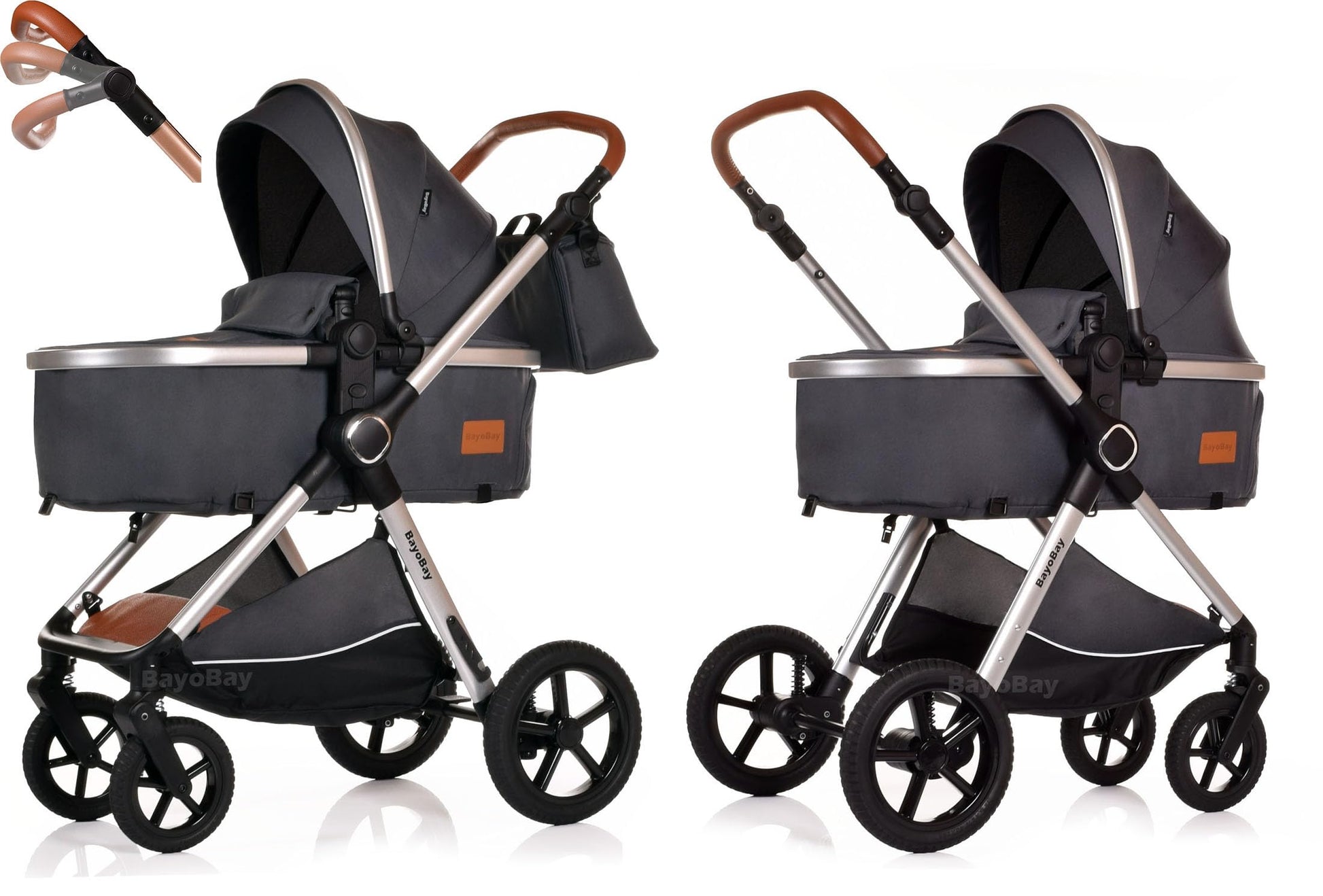 BayoBay 3-in-1 baby buggy stroller with car seat and carrycot in grey silver, lightweight, folding travel system for newborns and toddlers.
