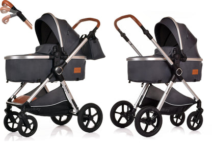 BayoBay 3-in-1 baby buggy stroller with car seat and carrycot in grey silver, lightweight, folding travel system for newborns and toddlers.