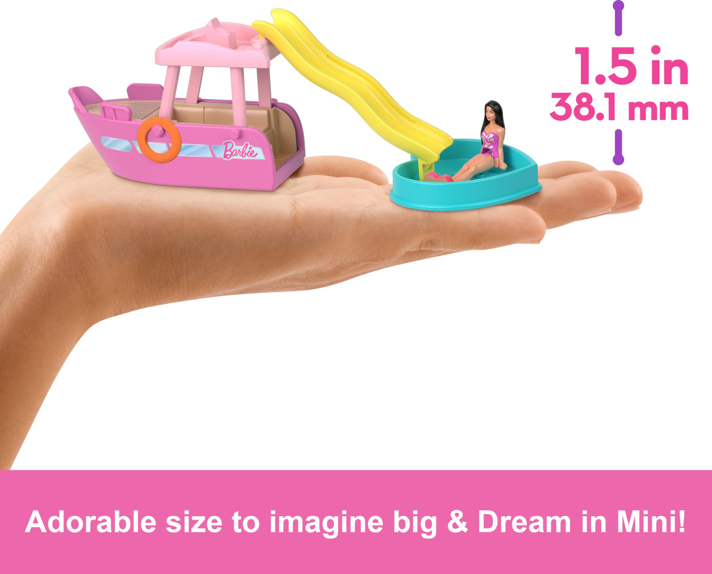 Mini Barbie Land doll and toy boat set featuring a 1.5-inch Barbie doll, color-change boat, slide, and pool for imaginative play.