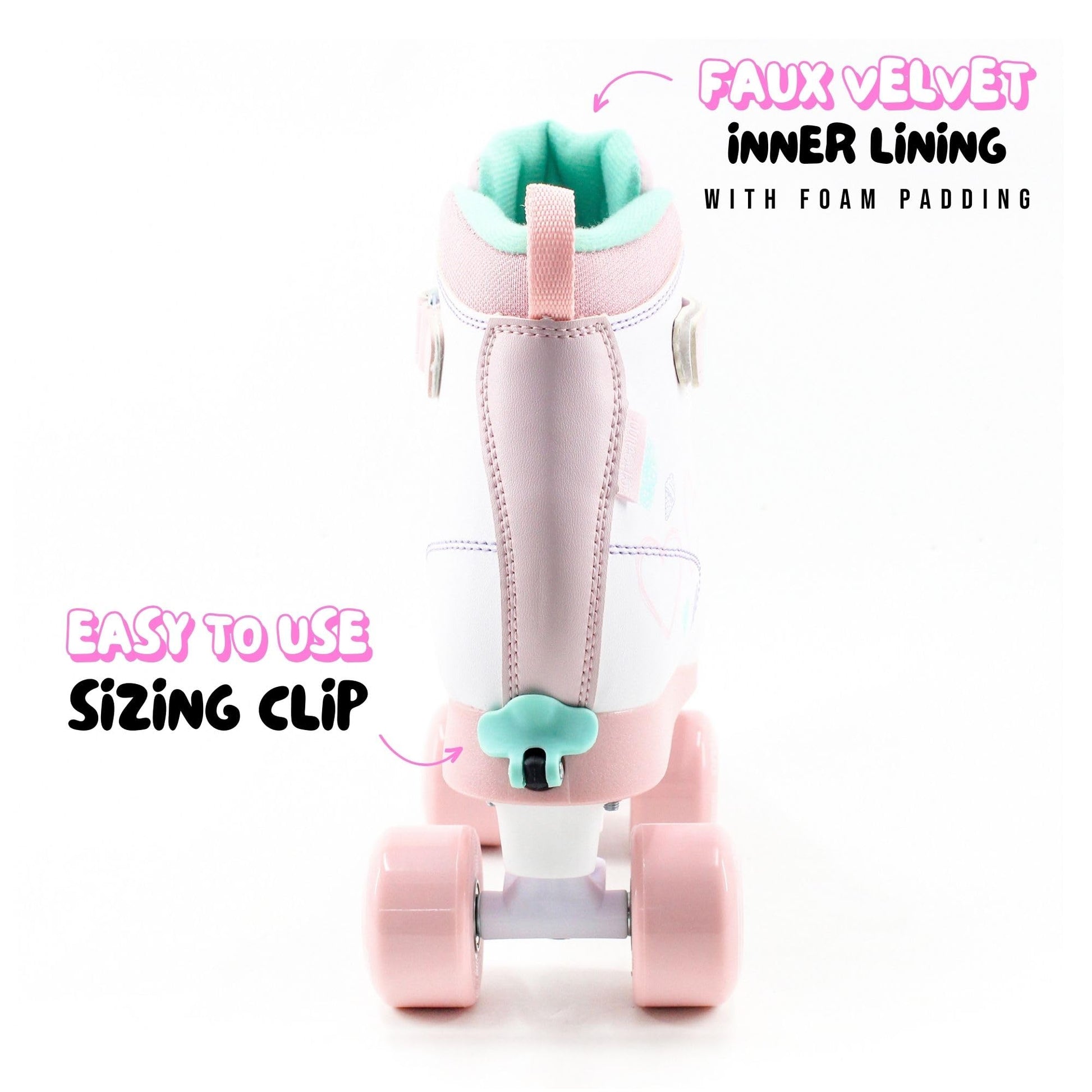 Cream Kids adjustable quad roller skates in white and pink with heart design, featuring four wheels for stability and growth fit for beginners.