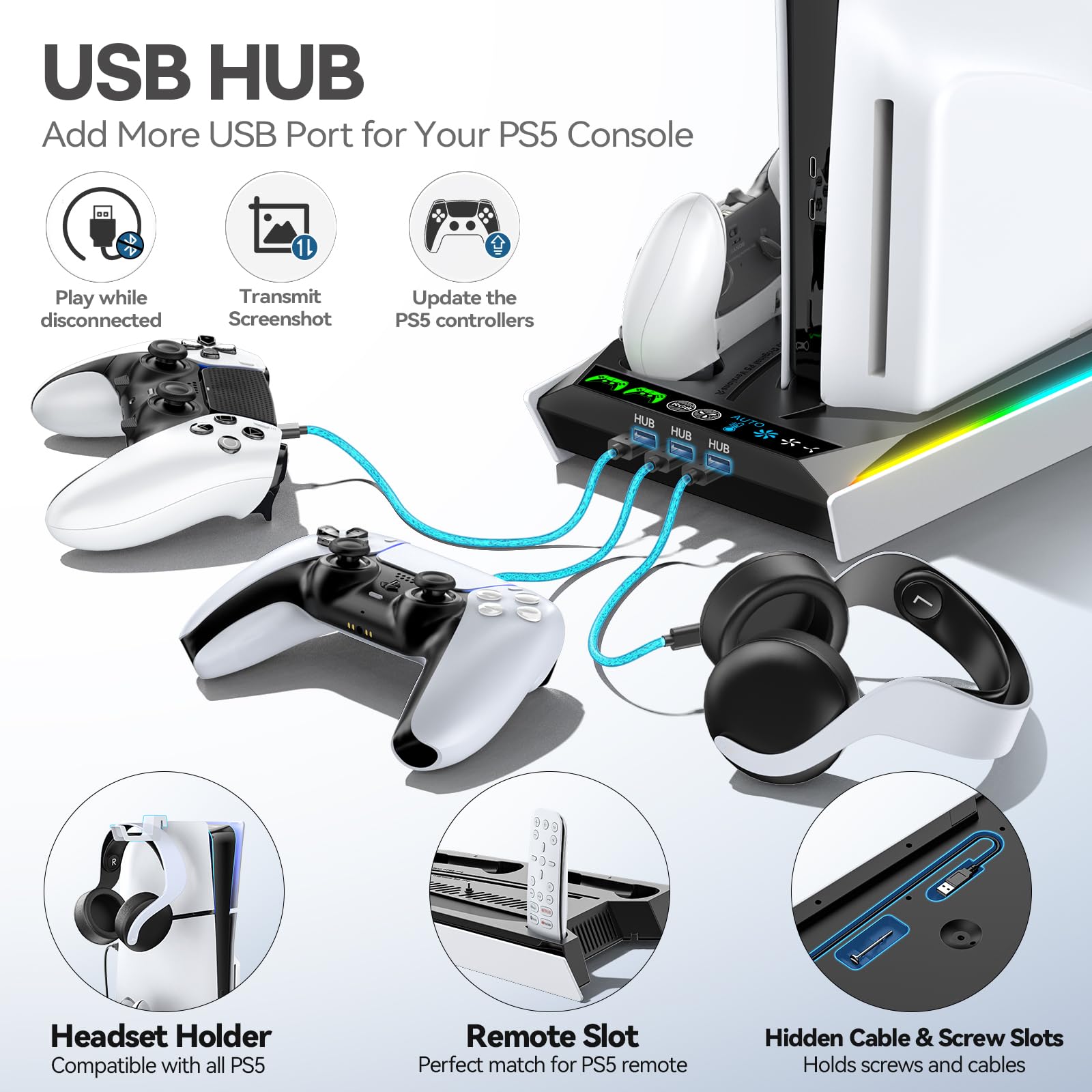 Rysker PS5 stand with cooling fan, 3 charging ports, and controller charger for PS5, Pro, Slim, and Edge consoles.