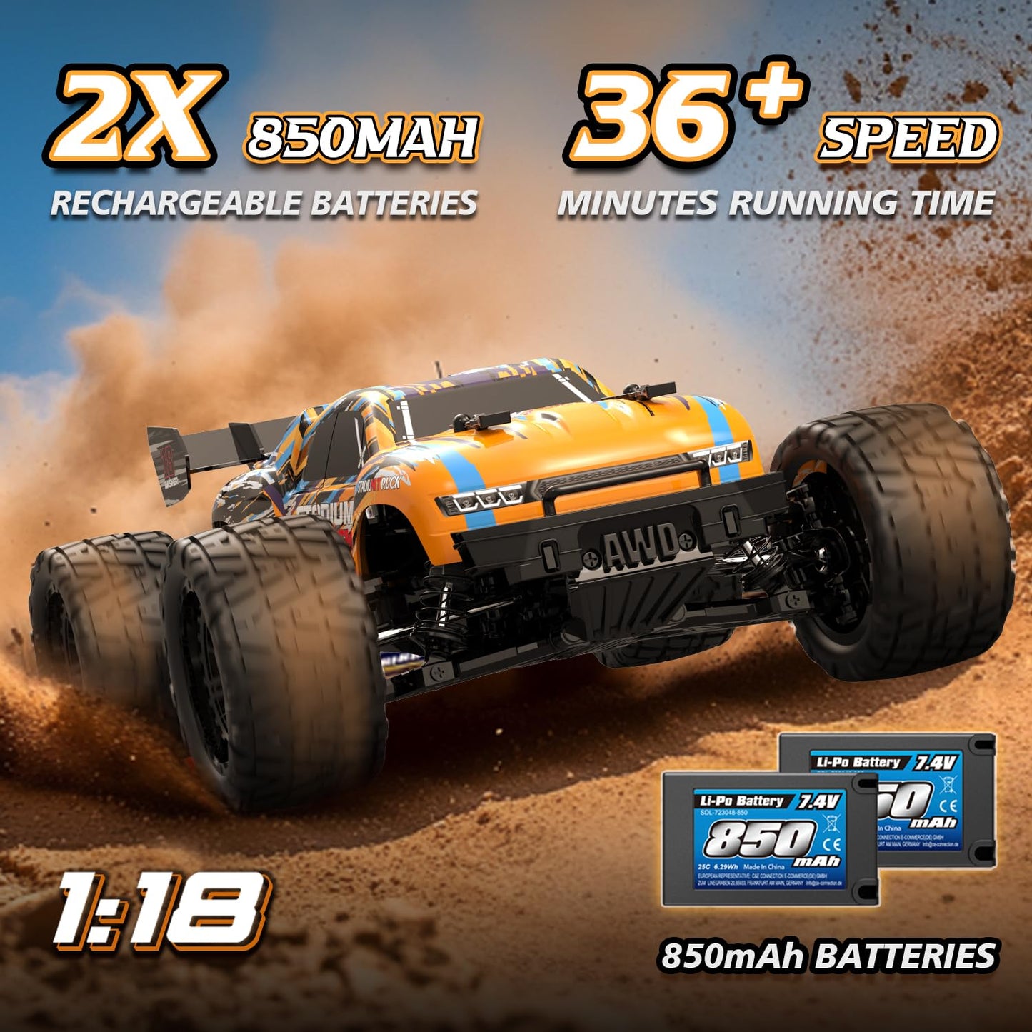 HAIBOXING RC Cars 18858E,36 KM/H High Speed Remote Control Cars for Adults Kids,1:18 2.4GHz 4WD Off-Road RC Monster Truck，ALL Terrain Toys Vehicle with 2 Batteries, Xmas Gifts for Kid and Adults