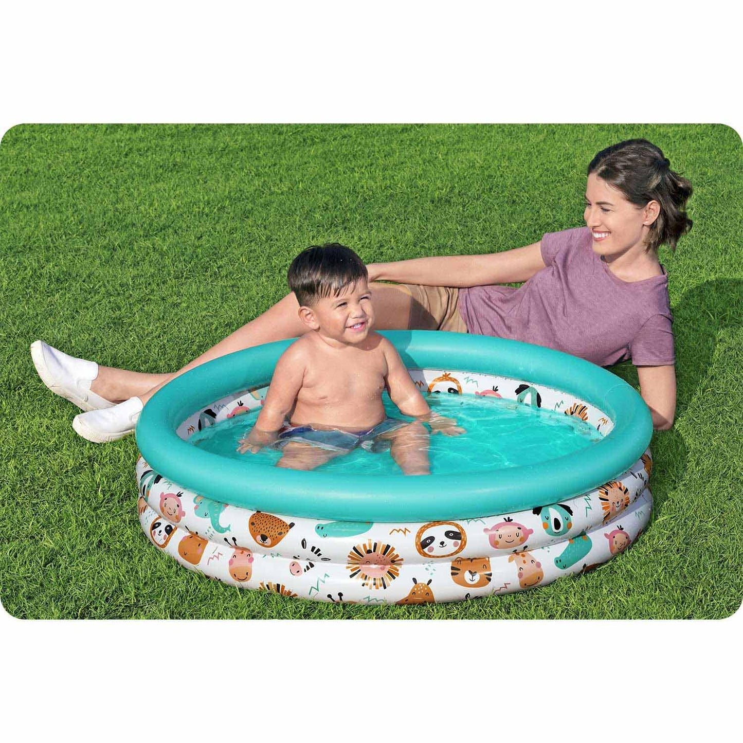 Bestway Safari Pals inflatable kiddie pool with colorful animal designs, perfect for kids' outdoor fun and play.