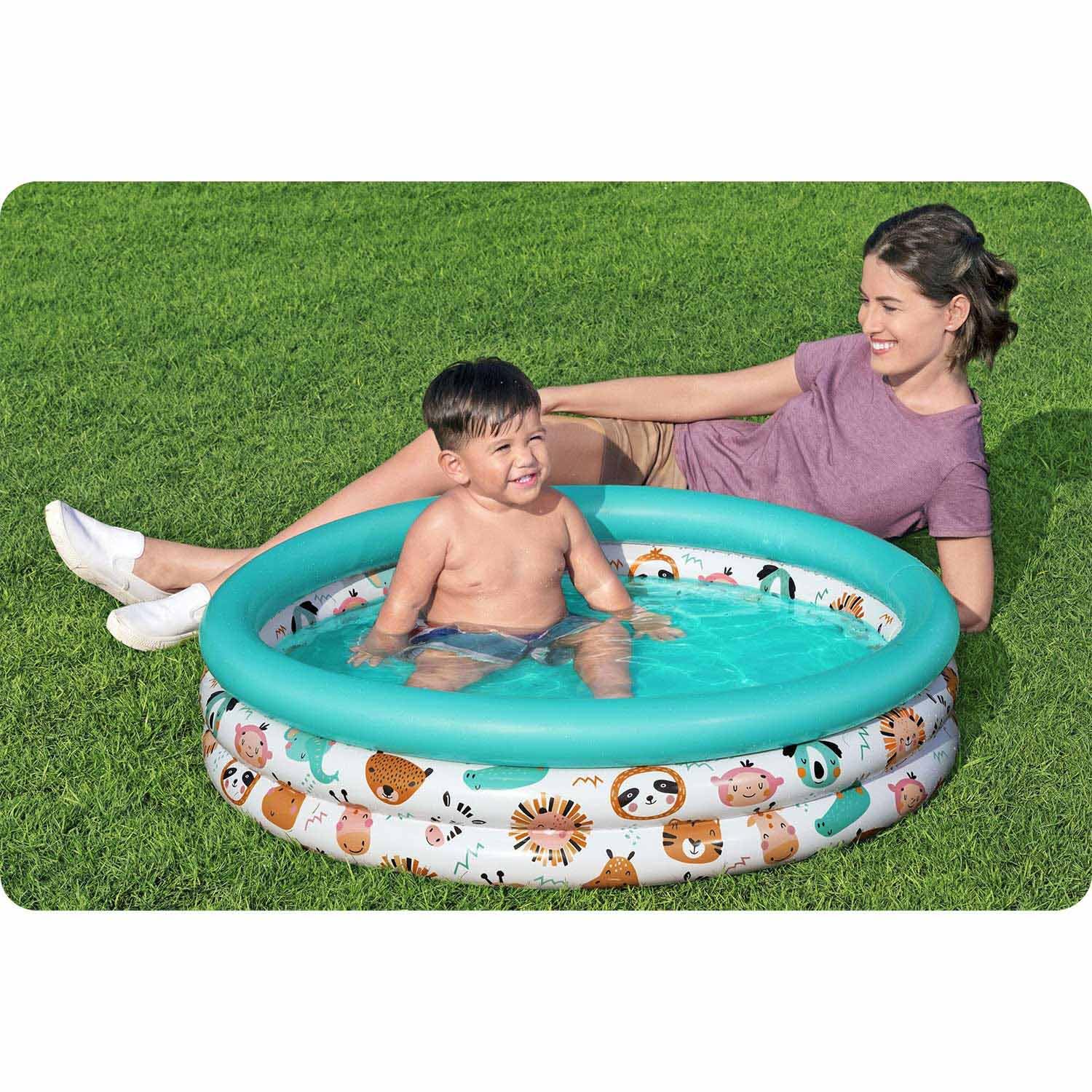 Bestway Safari Pals inflatable kiddie pool with colorful animal designs, perfect for kids' outdoor fun and play.