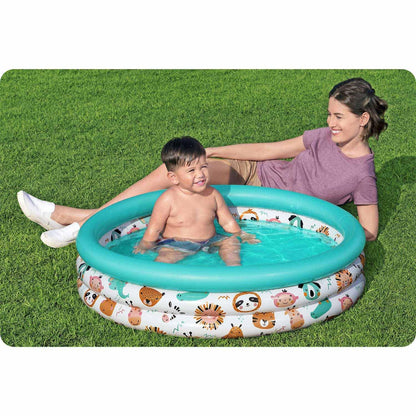 Bestway Safari Pals inflatable kiddie pool with colorful animal designs, perfect for kids' outdoor fun and play.