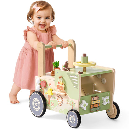 ROBUD farm-themed wooden baby walker with wheels, toddler activity center for 1-2 years, adjustable height and speed.