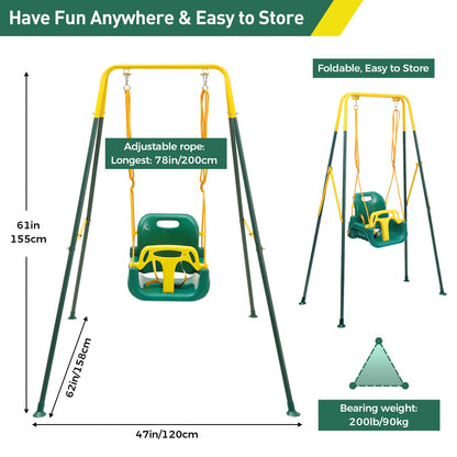 FUNLIO Toddler Swing with Safety Harness, Heavy-Duty Kid Swing for Garden & Indoor Use, Folding Metal Stand, Outdoor Play Equipment for Children - Green