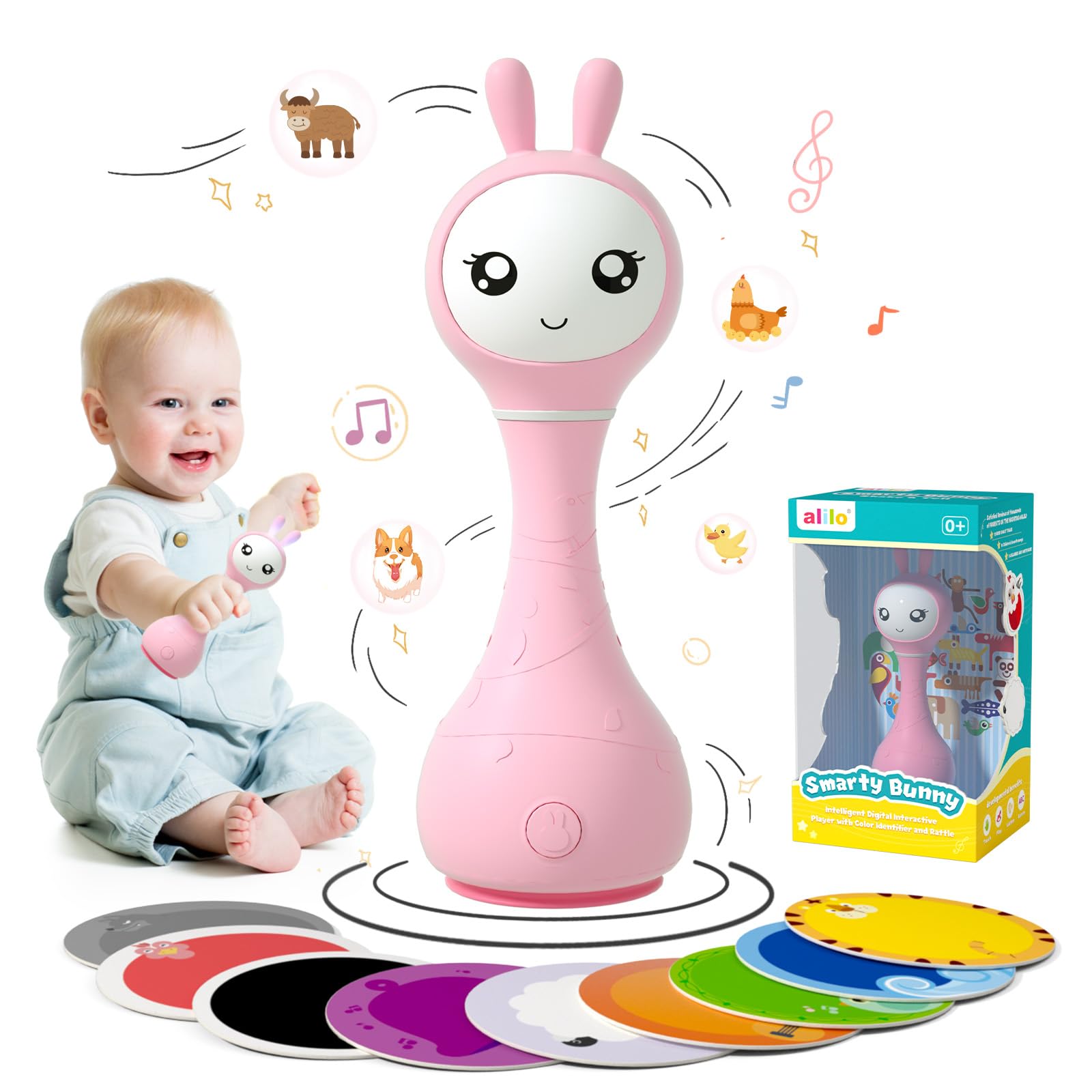 Pink Alilo Smarty Bunny baby rattle with musical lights, sensory features, teething toy for infants 0-12 months, colorful and engaging.