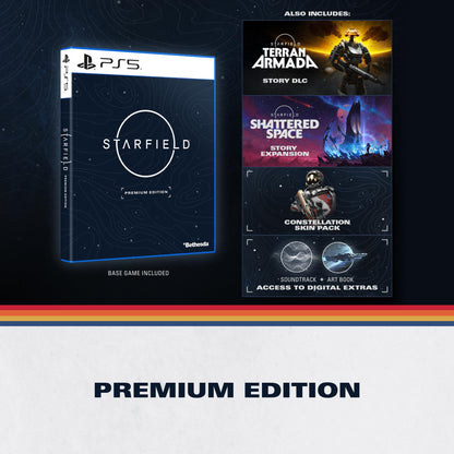 Starfield™ Premium Edition for PlayStation 5 featuring game cover art and branding, showcasing the high-quality physical packaging.