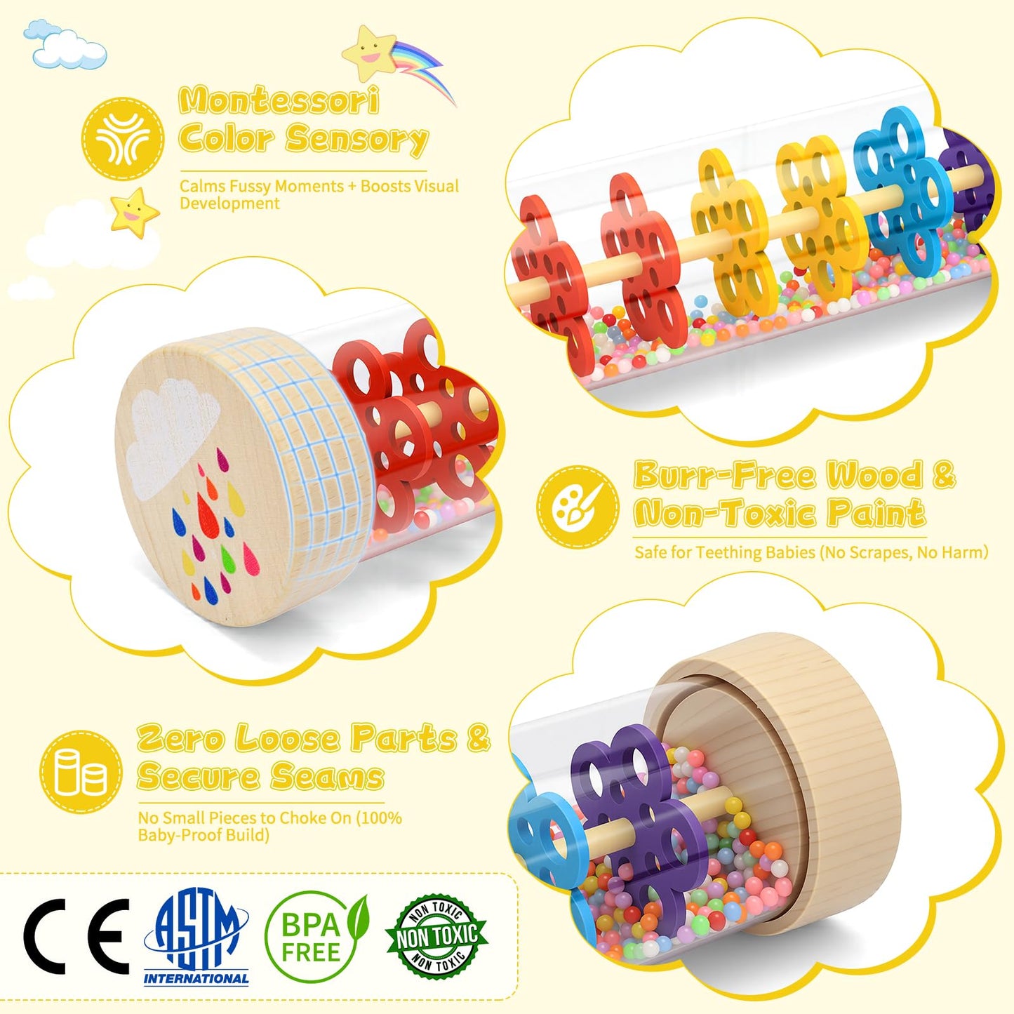 Wooden baby rattle and rain stick toy by Zendstanding, designed for sensory play and musical fun for infants and toddlers.