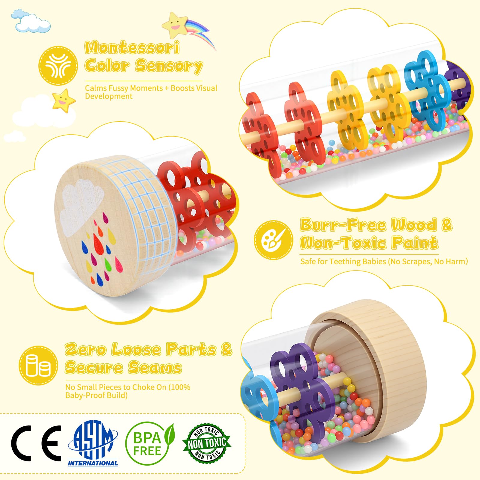 Wooden baby rattle and rain stick toy by Zendstanding, designed for sensory play and musical fun for infants and toddlers.