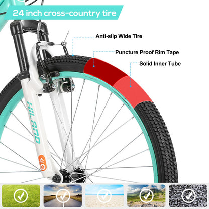 Hiland Mountain Bike 24 Inch, 7 Speed Boys Girls Mountain Bicycle with Suspension Fork V-brakes, 24 Inch MTB Mountian Bike for Kids, Mint Green