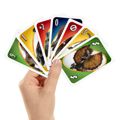 UNO Jurassic World Dominion Card Game with Themed Deck & Special Rule, Gift for Kid, Adult & Family Game Nights, Ages 7 Years Old & Up, GXD72