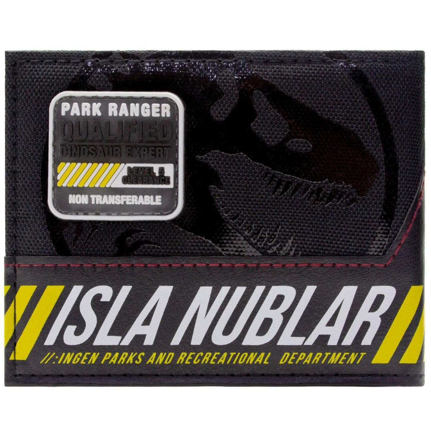 PocketGear Jurassic Adventure Isla Nublar Park T-Rex Emblem Wallet Bi-Fold ID & Card Holder, Black