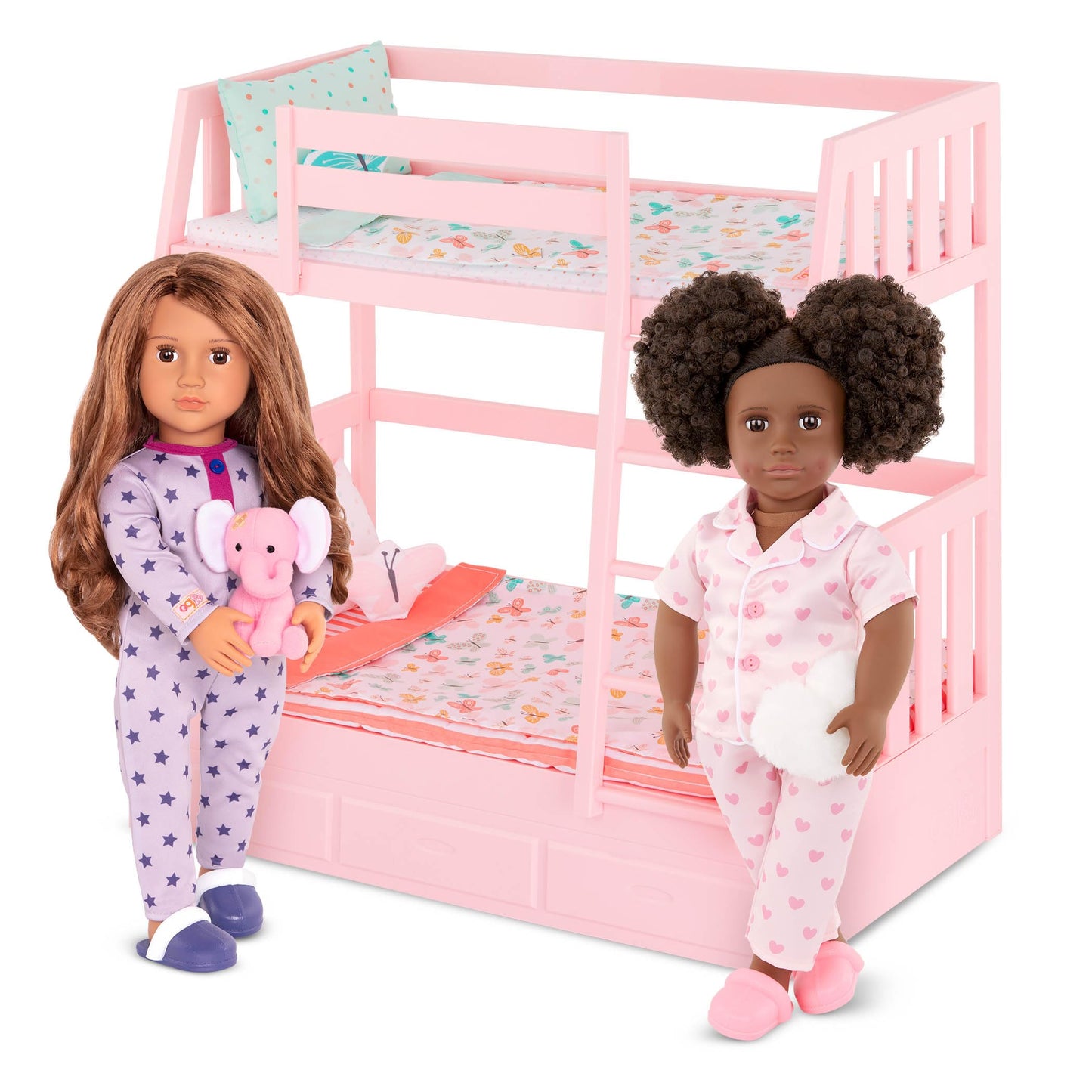 Our Generation Maria fashion doll in pink pyjama onesie holding an elephant plush toy, poseable doll suitable for children 36 months to 12 years
