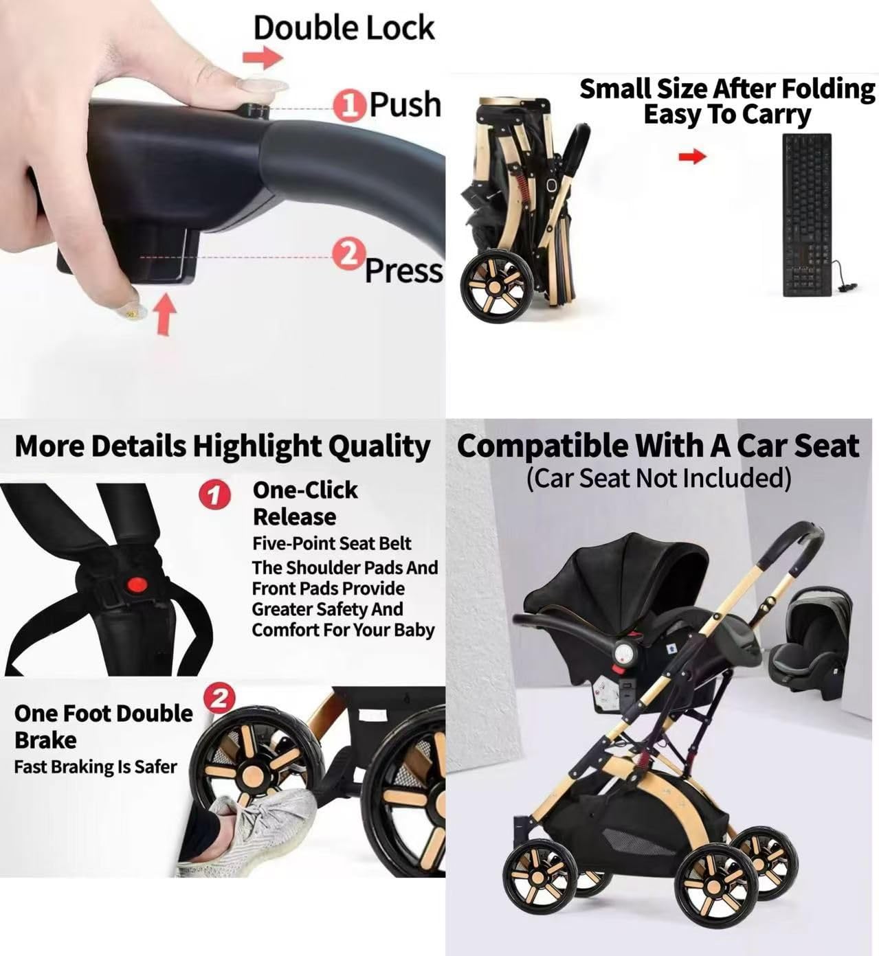 Rexhan Baby Pram, 2 in 1 Foldable Baby Buggy, Reversible Pushchair, All in One Stroller, Newborns, Toddlers, Infants, 0-4 Years, Aluminium Frame, Shock Absorbers, Lightweight